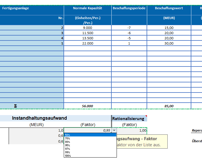 Mit der Starter-Version der Topsim Planspiel Lösung Excel können bereits Eingaben per Auswahlfelder getätigt werden. Hierbei handelt es sich um Angaben zu den Anlagen.