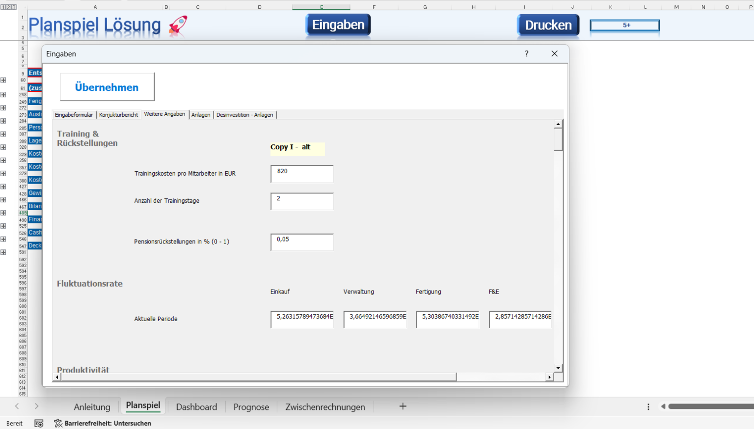 Das ist ein Ausschnitt der periodenabhängigen Angaben in der TOPSIM Excel.